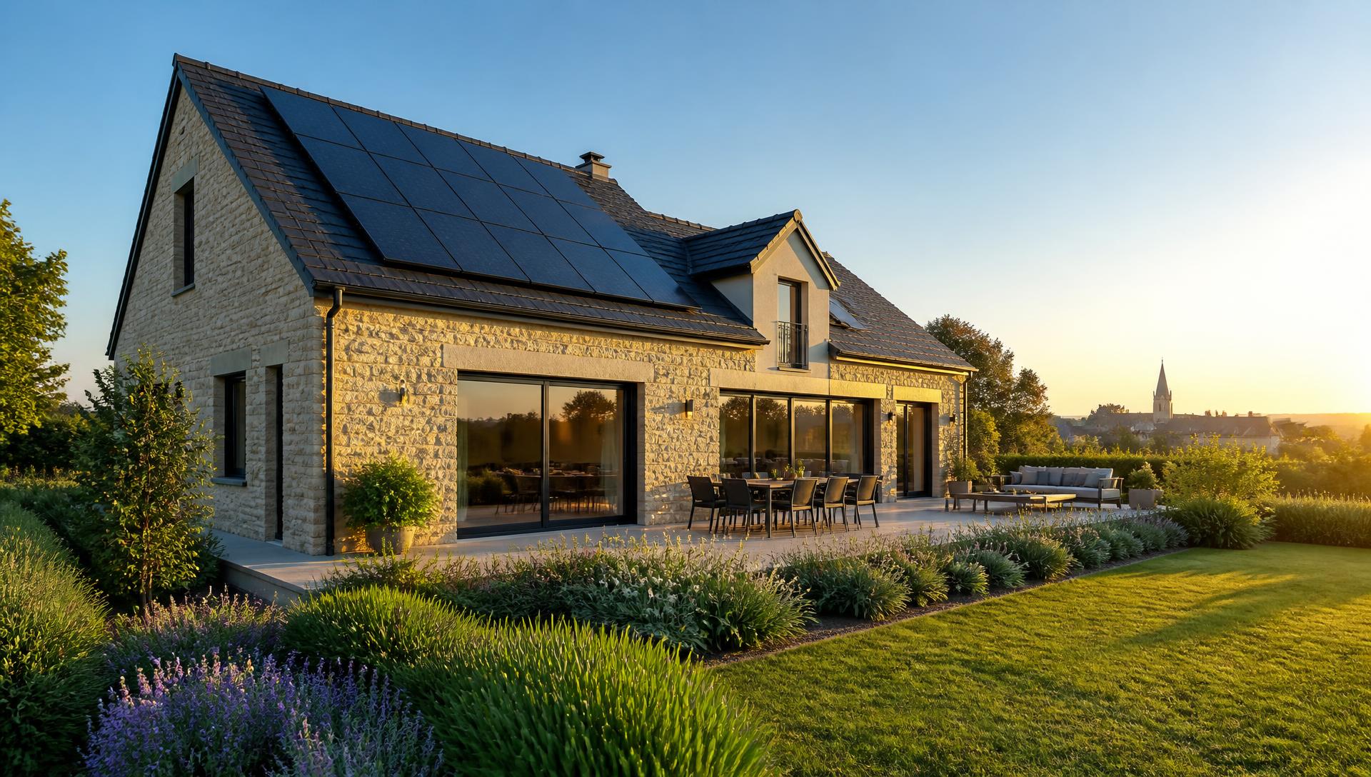 Maison moderne équipée de panneaux photovoltaïques au coucher du soleil